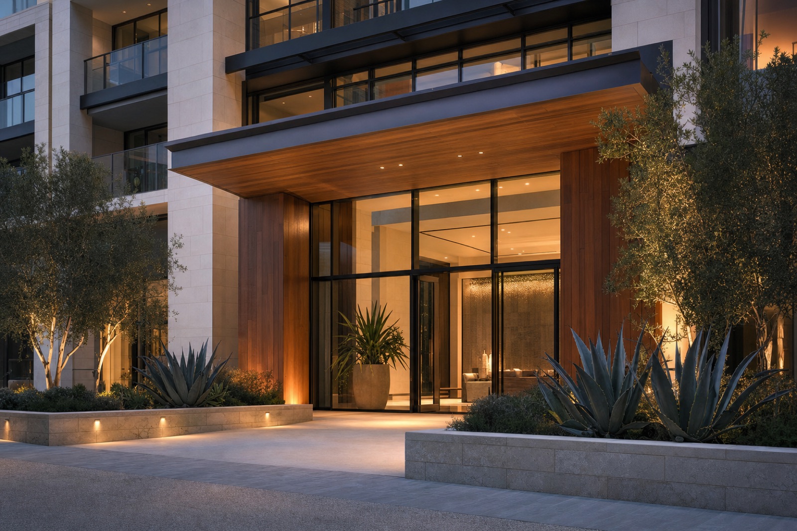 The entrance of a mid-rise condominium building in evening light