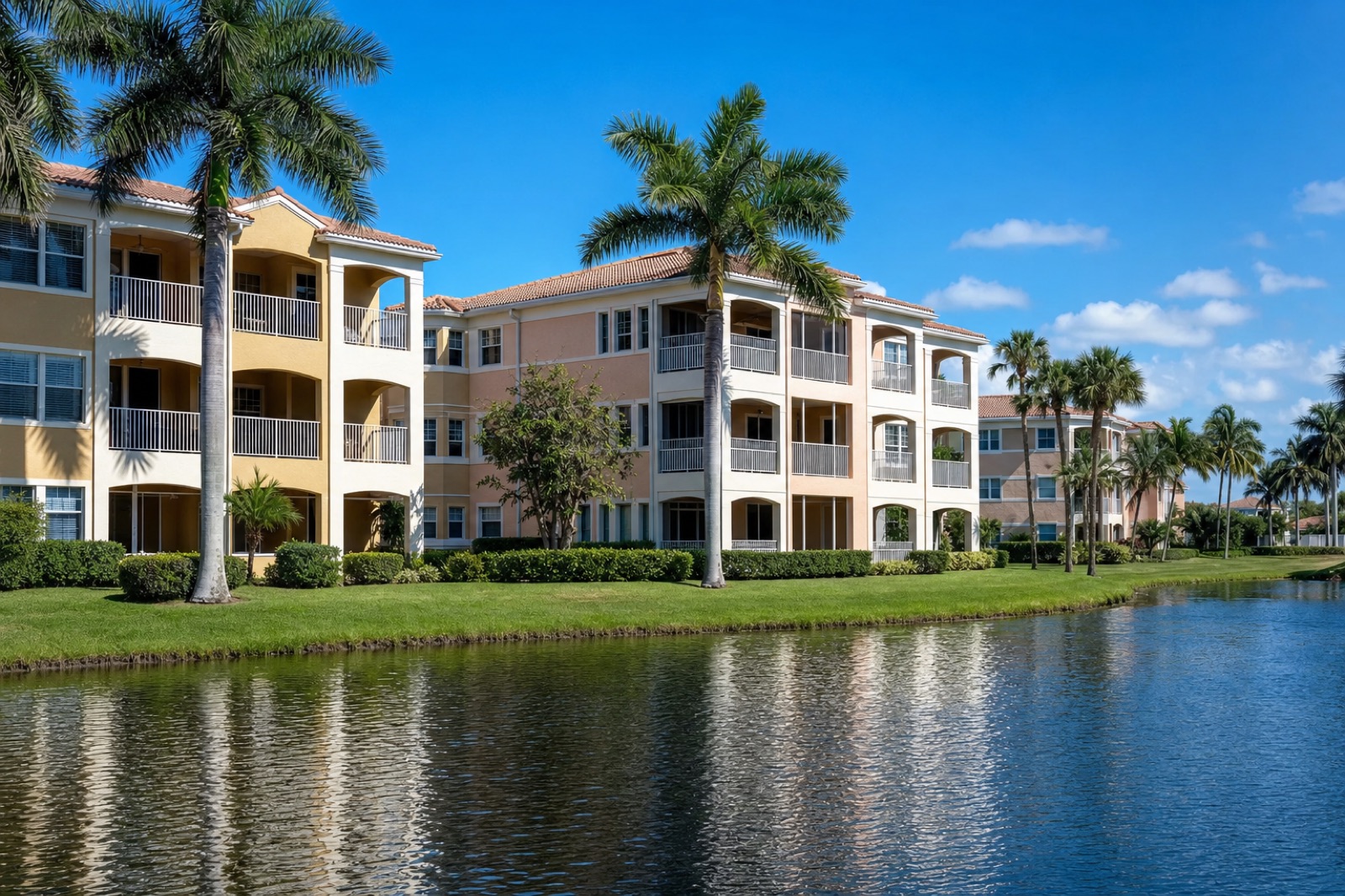 A three-story garden-style condominium community beside a lake with palm trees